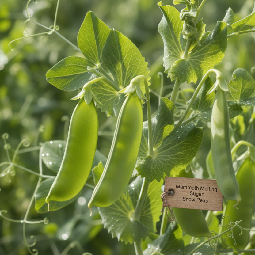 Mammoth Melting Sugar snow pea plant with white flowers and long light green pods on a trellis