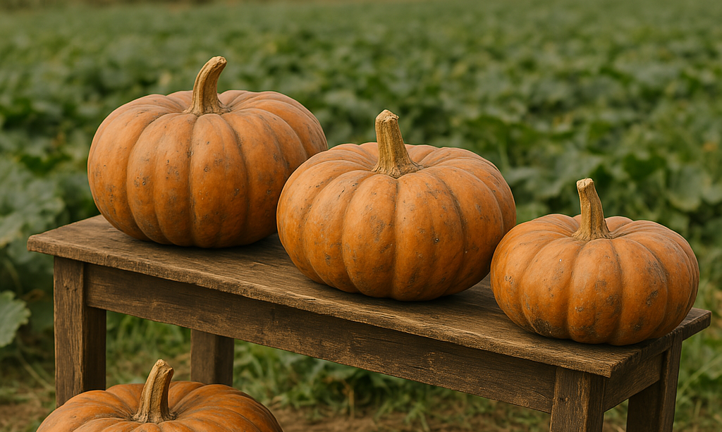 Musquée de Provence pumpkins displayed on a wooden bench in a garden setting.