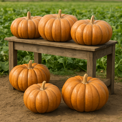 Musquée de Provence Pumpkins on a wooden table in a garden setting.