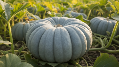 Queensland Blue pumpkin with deep blue-grey skin and sweet orange flesh next to a packet of seeds
