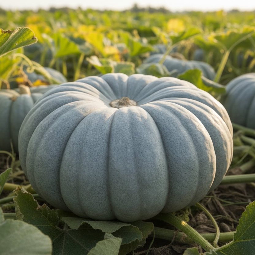 Queensland Blue pumpkin seeds with distinctive blue-grey skin and sweet orange flesh