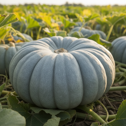 Queensland Blue pumpkin seeds with distinctive blue-grey skin and sweet orange flesh