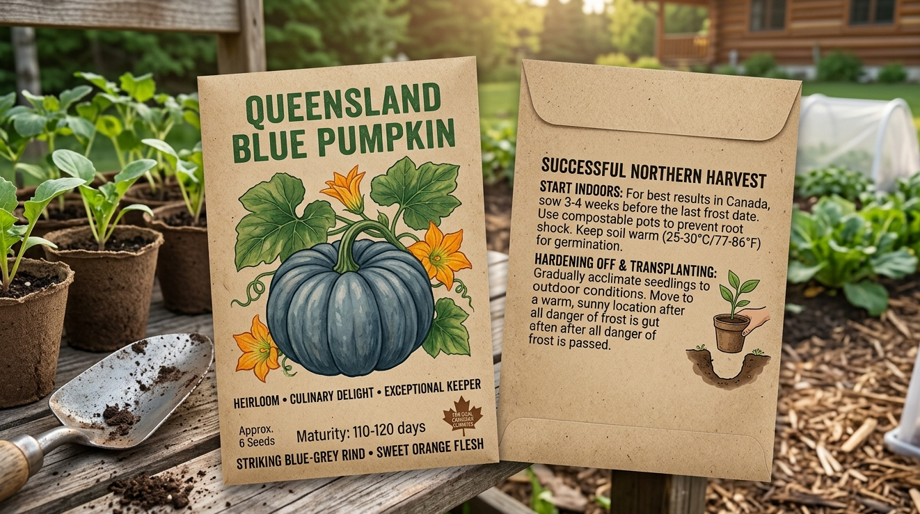 Queensland Blue pumpkin seeds packet with distinctive blue-grey pumpkin and sweet orange flesh illustration