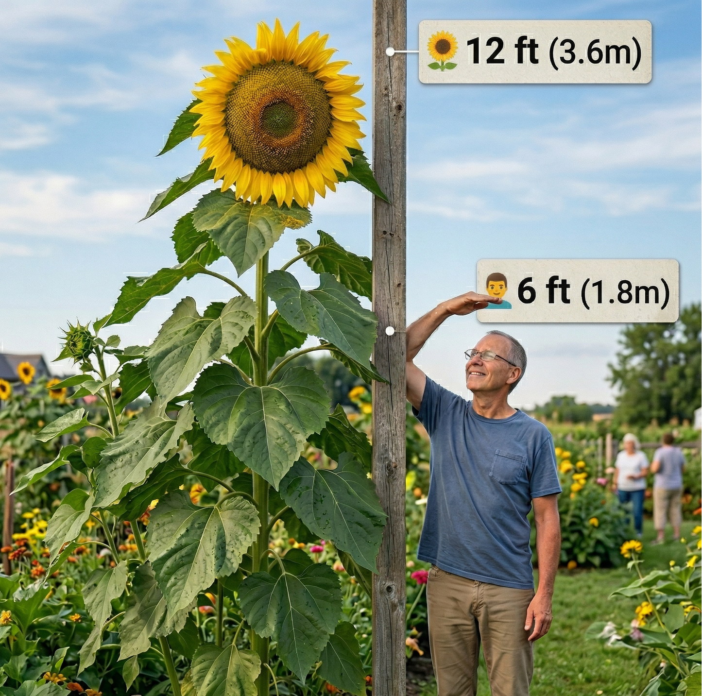 Man next to a very tall sunflower with height indicators Russian Giant Sunflower MatchesSeeds 