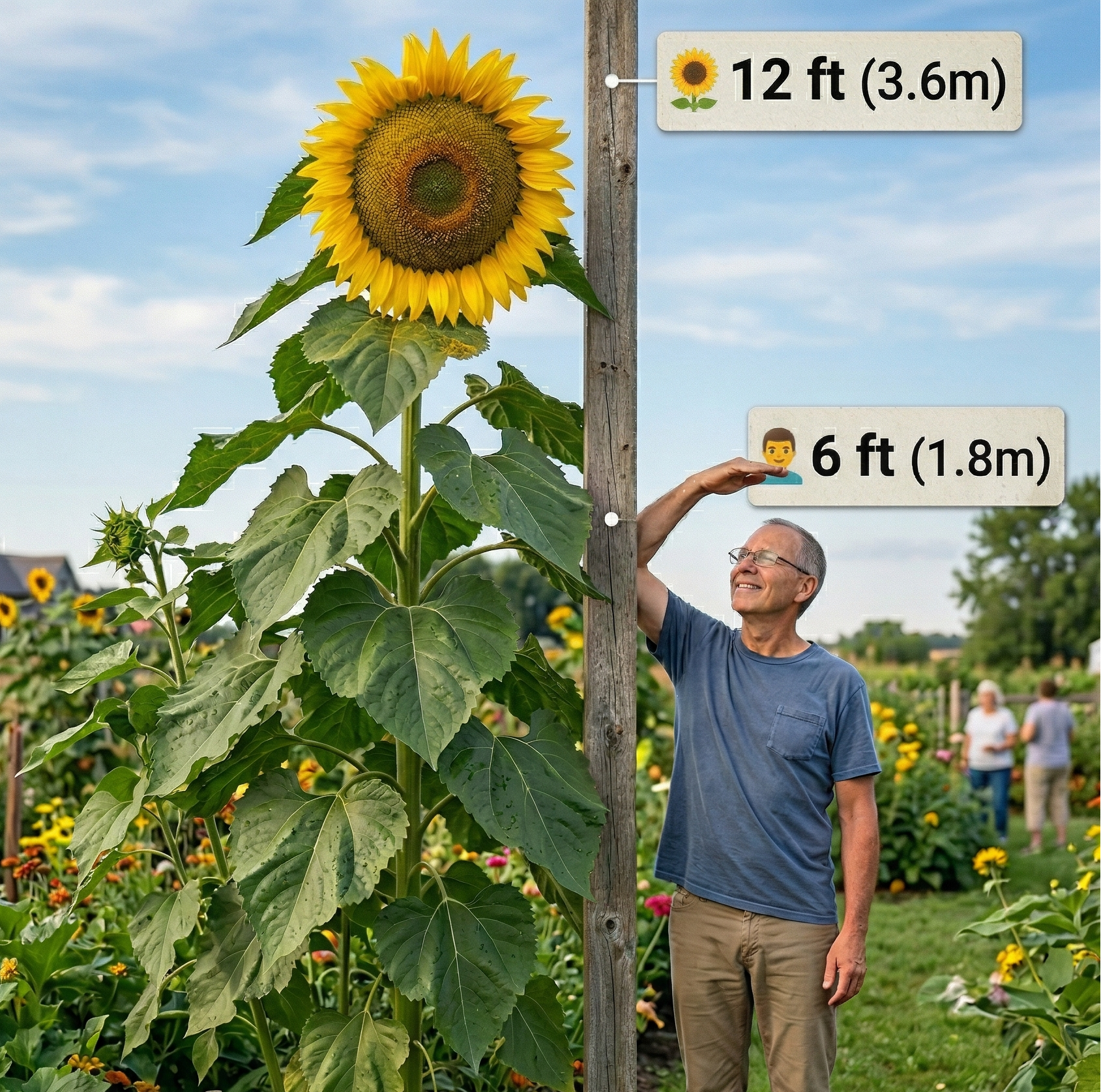 Man next to a very tall sunflower with height indicators Russian Giant Sunflower MatchesSeeds 