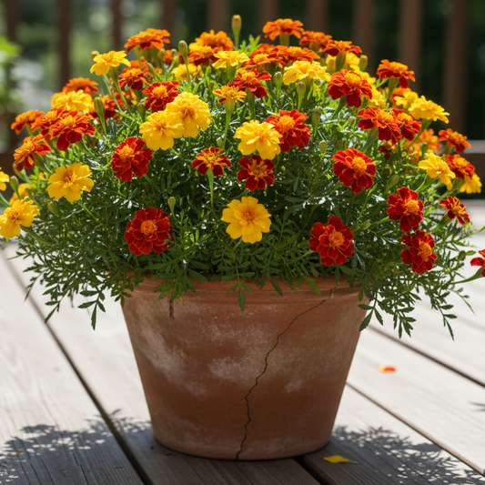 Close-up of starfire mix marigold with deep red, burnt orange, and sunny gold blooms and fine-textured aromatic foliage