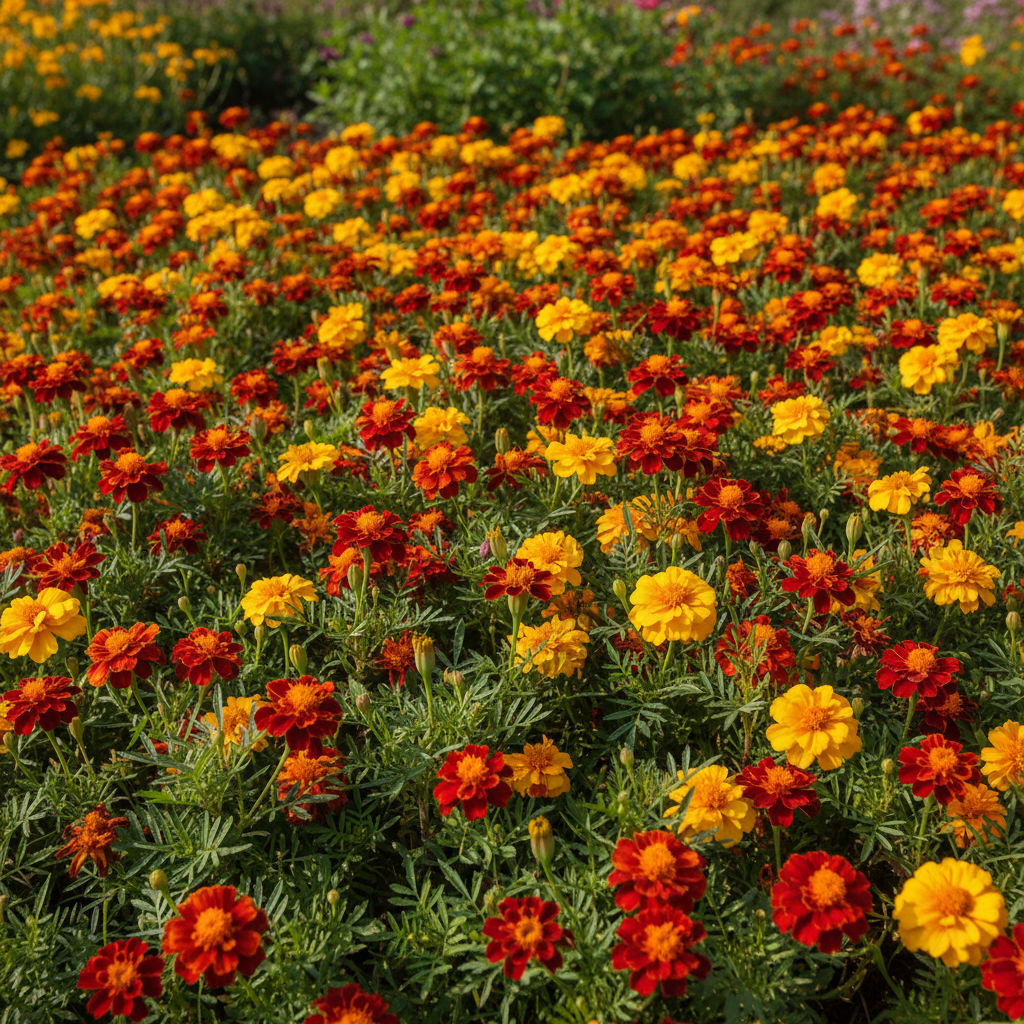 Close-up of vibrant Starfire Mix Marigold flowers with deep red, burnt orange, and gold petals and fine-textured aromatic foliage