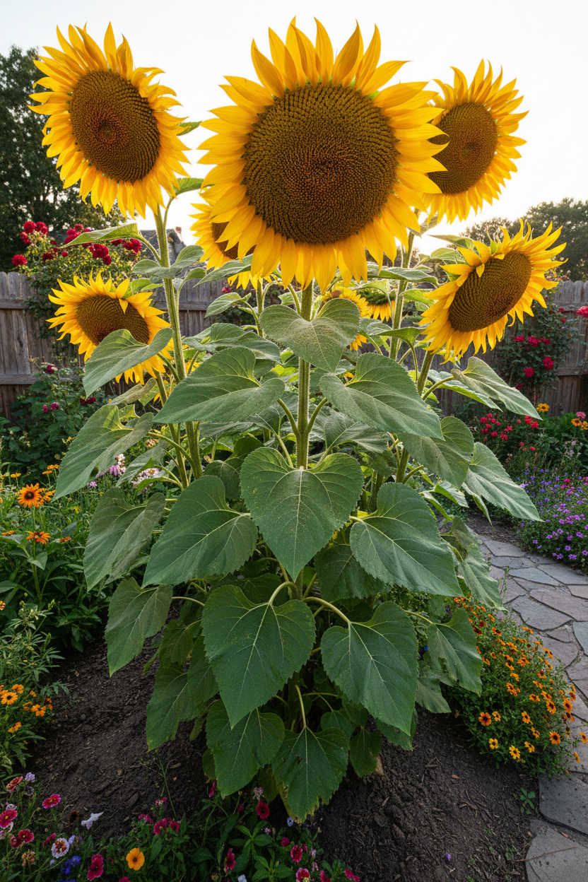 Mammoth Grey Stripe sunflower with tall stalks and large golden blooms in a sunny garden