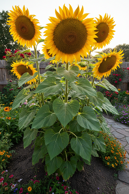 Mammoth Grey Stripe sunflower with tall stalks and large golden blooms in a sunny garden