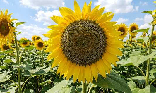 Tall Mammoth Grey Stripe sunflower with large yellow blooms and striped seeds in a sunny garden