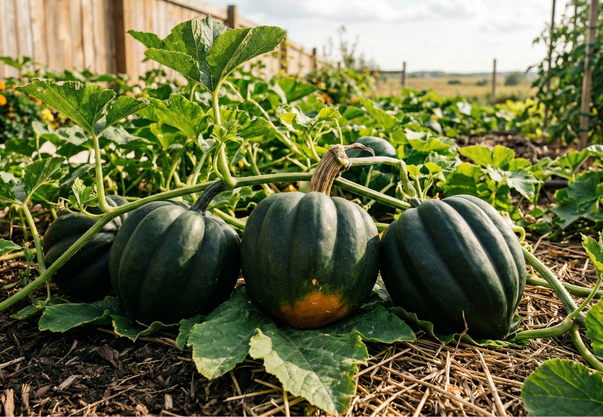 Acorn squash growing in a garden with green leaves and a wooden fence in the background.