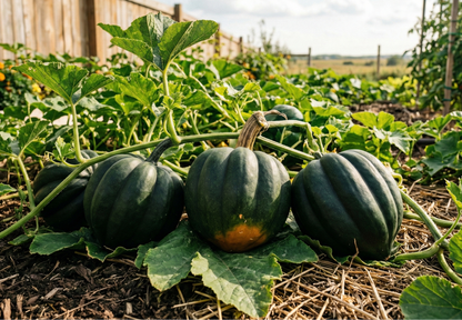 Acorn squash growing in a garden with green leaves and a wooden fence in the background.