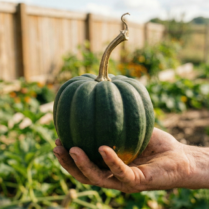 Person holding a green Table Queen Acorn Squash in a garden setting