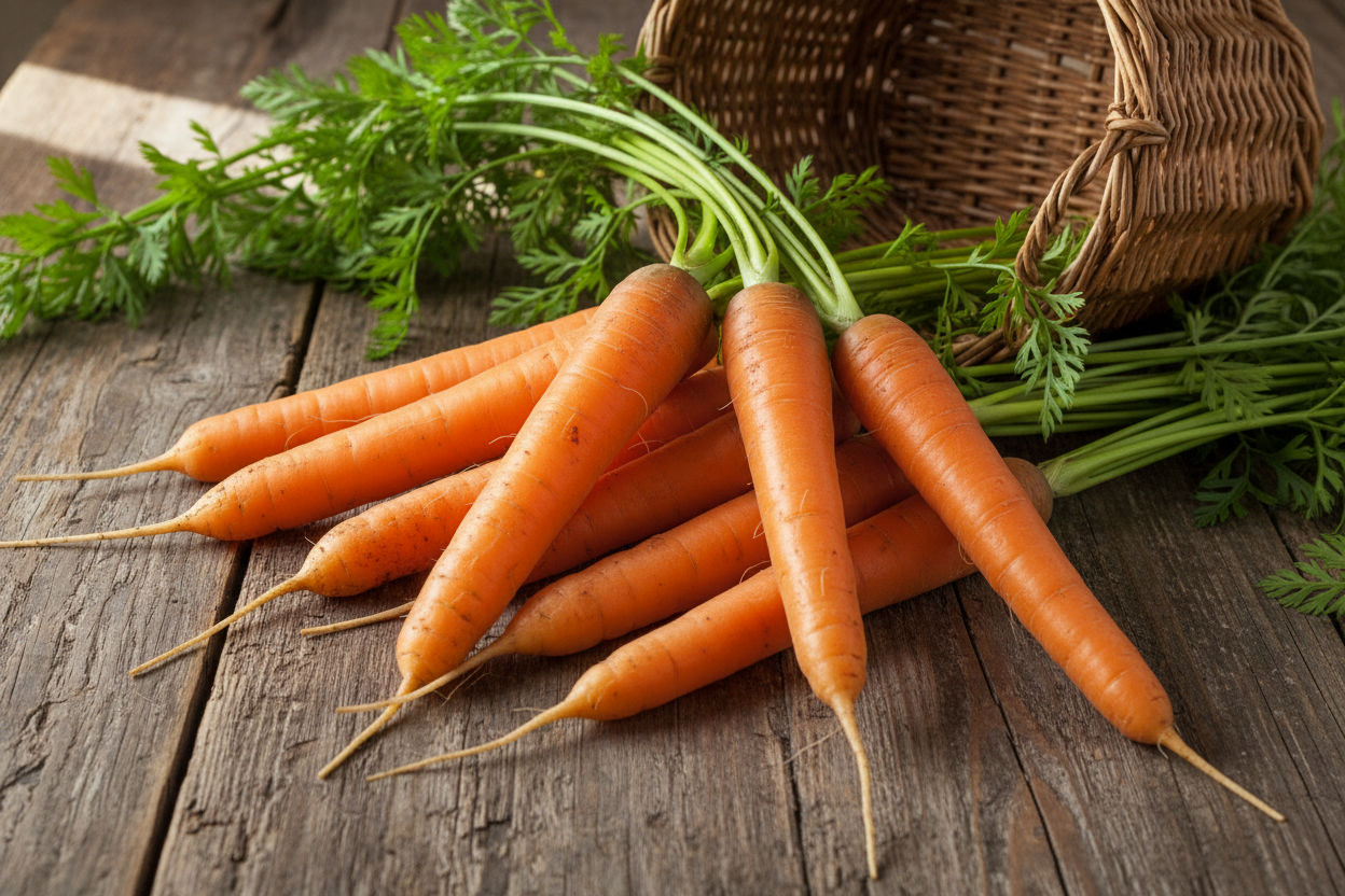 Touchon Carrot with green tops on a wooden surface, Touchon Carrot Heirloom MatchesSeeds