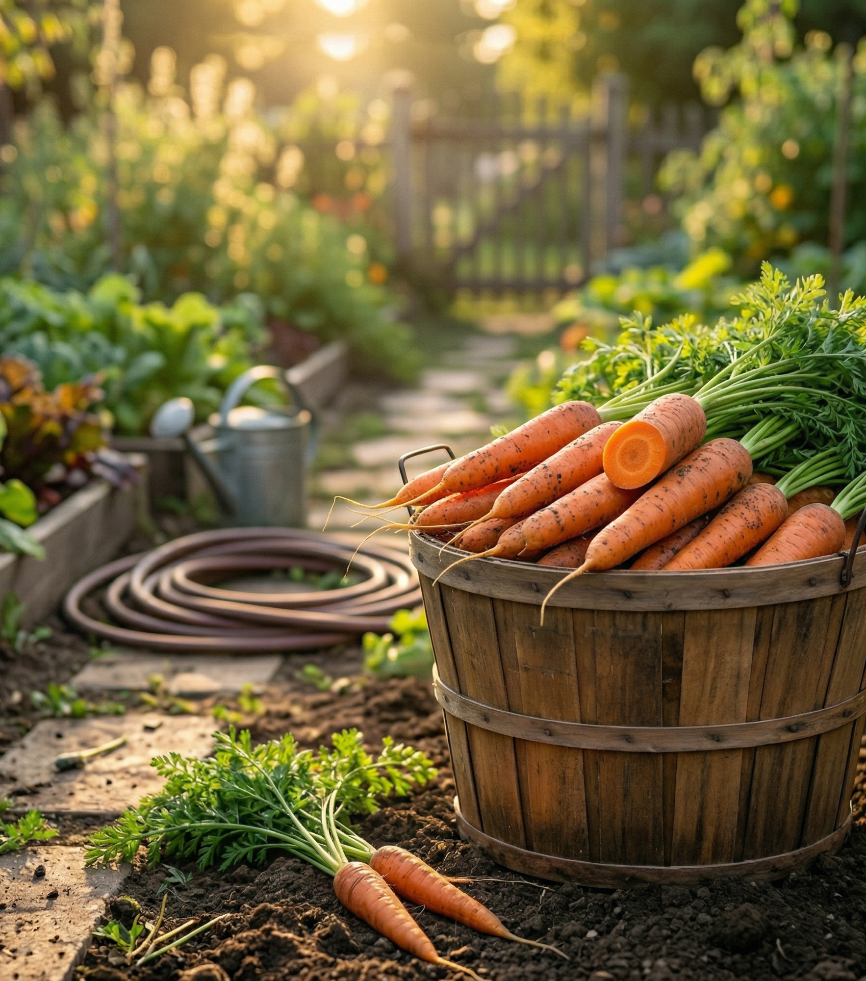 Wooden basket filled with carrots in a garden setting