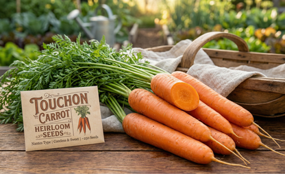 Carrots with a Touchon Carrot Heirloom Seeds packet on a wooden surface in a garden setting.