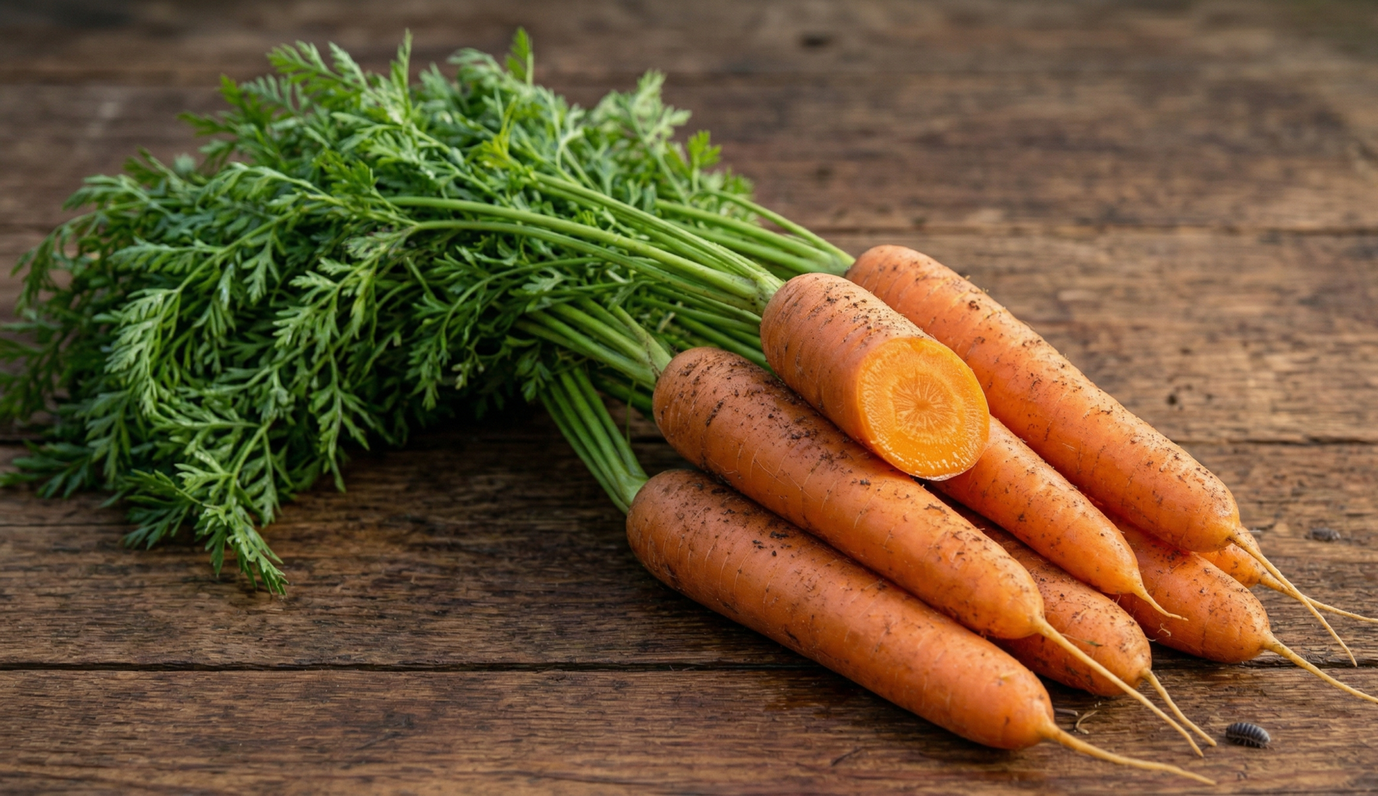 Bunch of carrots with green tops on a wooden surface Touchon Carrot Heirloom