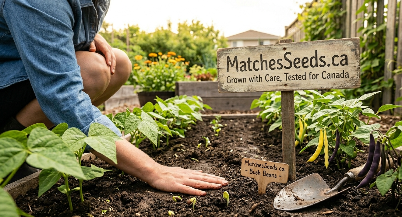 A person in the garden looking at their newly sprouted Trilogy Bush Bean Mix featuring green, yellow, and purple bush bean varieties for small gardens and high yields
