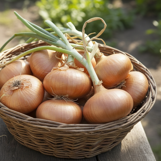 Walla Walla Onions in a bunch in a basket