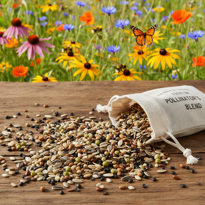 Bag of Pollinator's Blend seeds on a wooden surface with a field of flowers in the background
