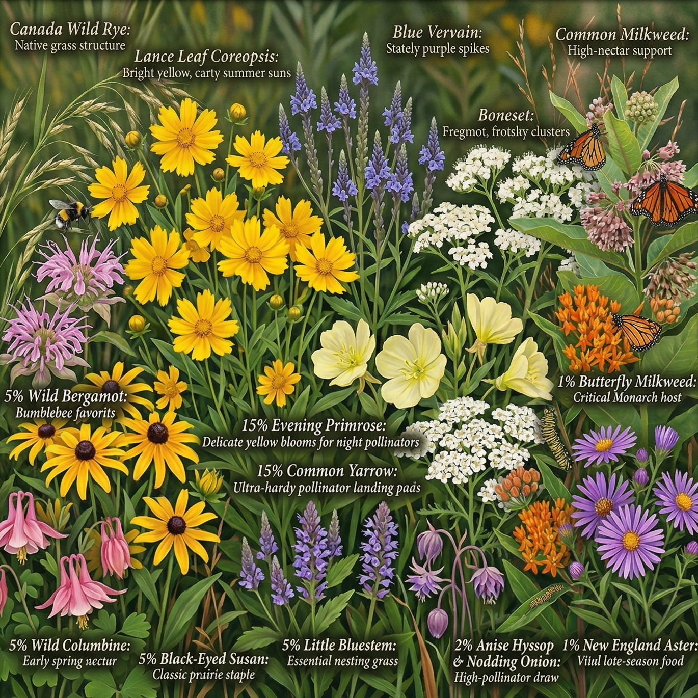 Various wildflowers with identification labels on a green background Wildflower Pollinator Seed Mixture Open-Pollinated Non-Treated Seeds