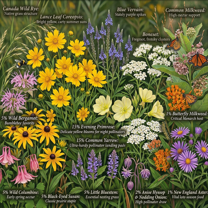 Various wildflowers with identification labels on a green background Wildflower Pollinator Seed Mixture Open-Pollinated Non-Treated Seeds