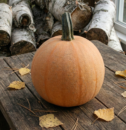 Pumpkin on a wooden surface with logs and leaves in the background
