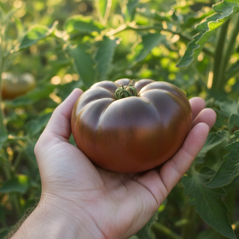 A Cherokee Purple Heirloom Tomato in a hand in a garden