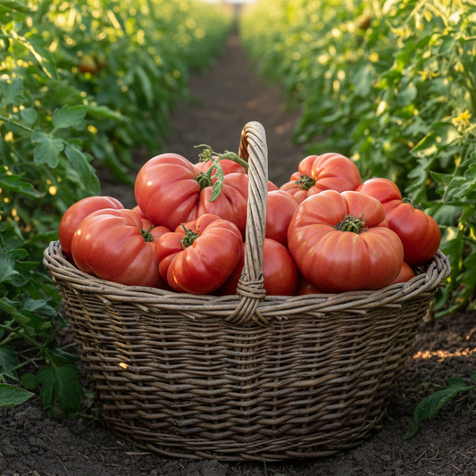 a large bushel basket filled with Mortgage Lifter Heirloom Tomatoes, collected in the rows of the garden