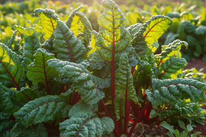Ruby red stalks and veins of Swiss Chard Rhubarb Chard with dark green leaves in a garden