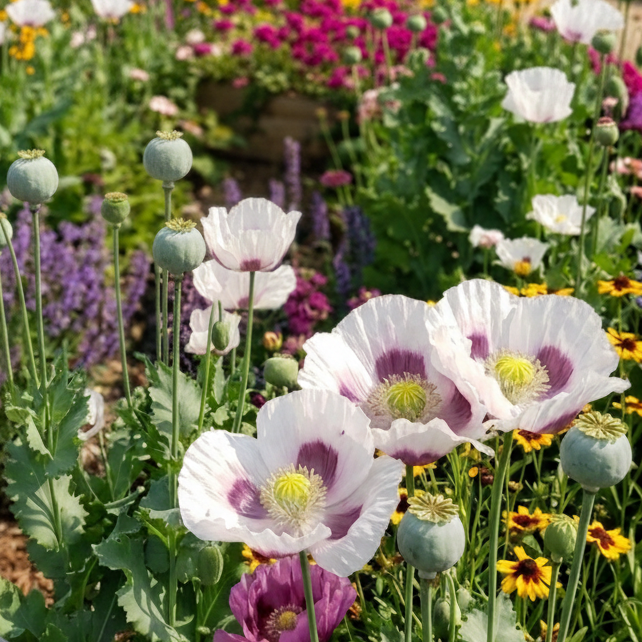 Giganteum breadseed poppy mix with large seed pods in garden
