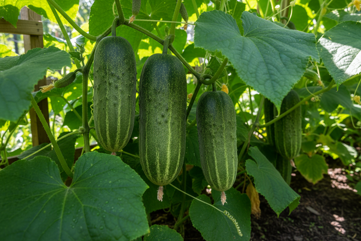 Three cucumbers hanging from a vine in a garden setting