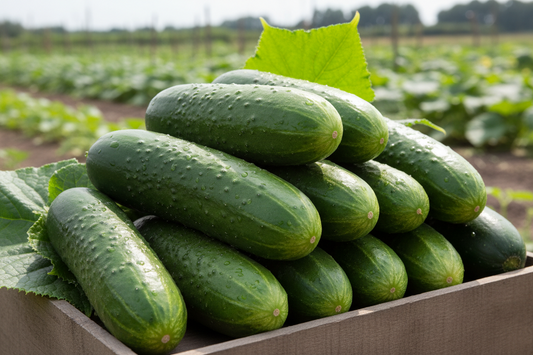 Box of cucumbers with a garden in the background cucumber-straight-8 MatchesSeeds