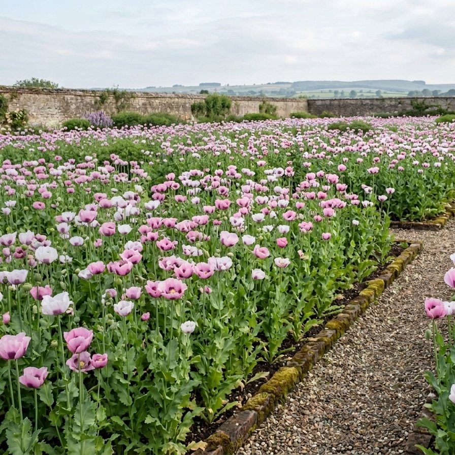 Giganteum breadseed poppy mix with large seed pods in garden