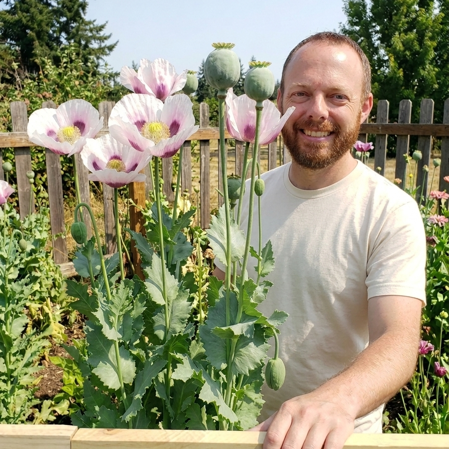 Giganteum breadseed poppy mix with large seed pods in garden