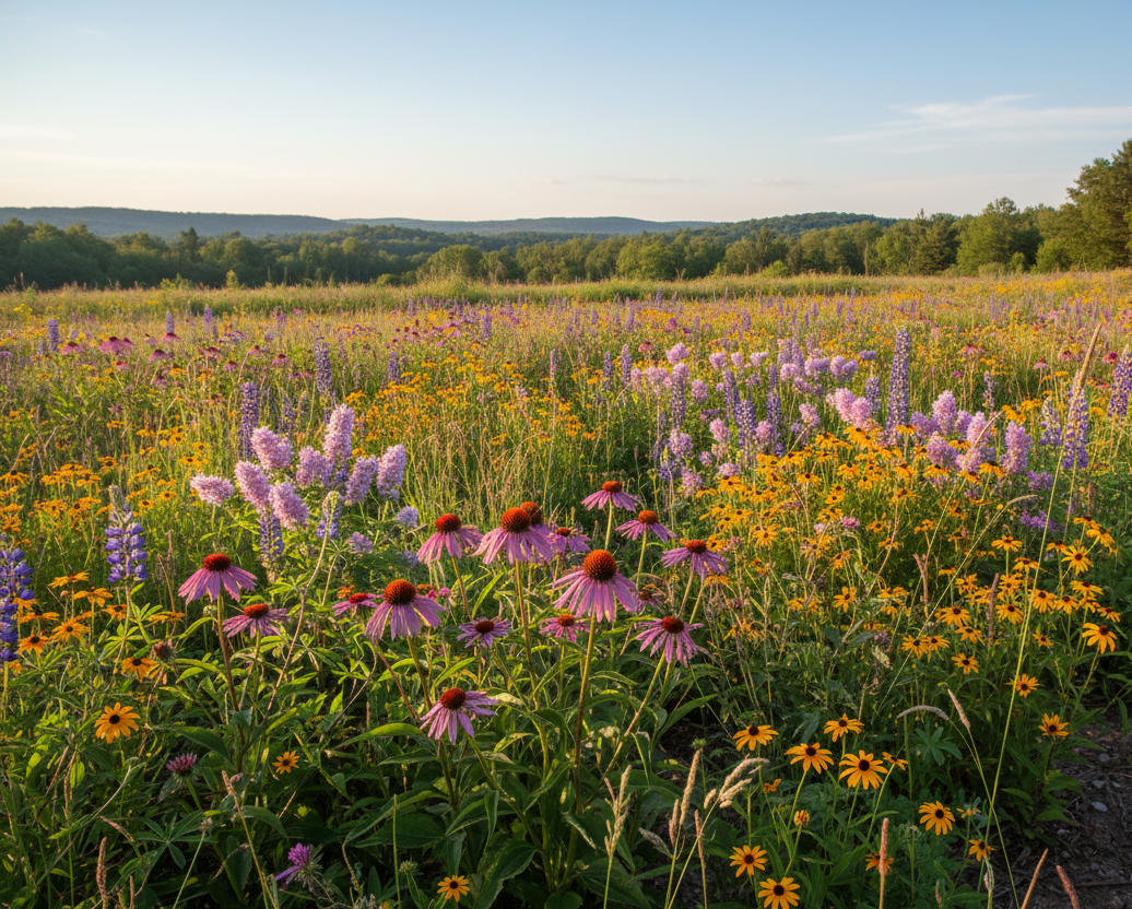 Wildflower field with purple and yellow flowers under a clear sky. great-lakes-wildflower-seed-mixture MatchesSeeds
