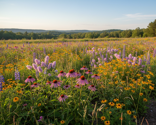 Wildflower field with purple and yellow flowers under a clear sky. great-lakes-wildflower-seed-mixture MatchesSeeds