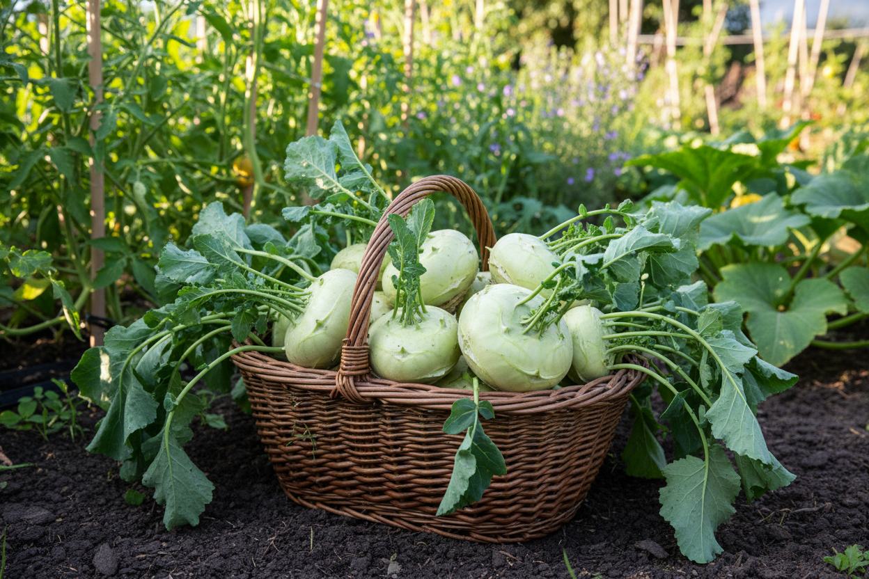 Basket of green kohlrabi white vienna in a garden setting