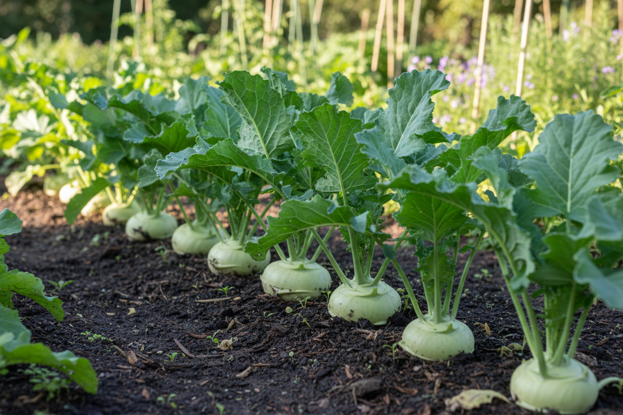 Kohlrabi plants growing in a garden with a blurred background
