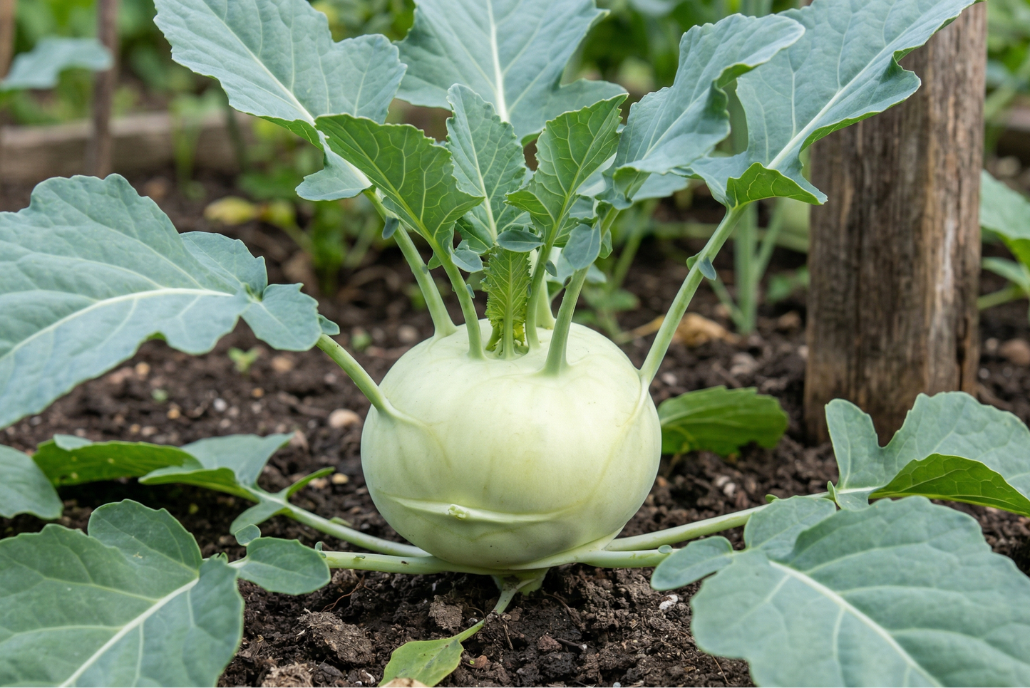 Kohlrabi growing in a garden with green leaves.