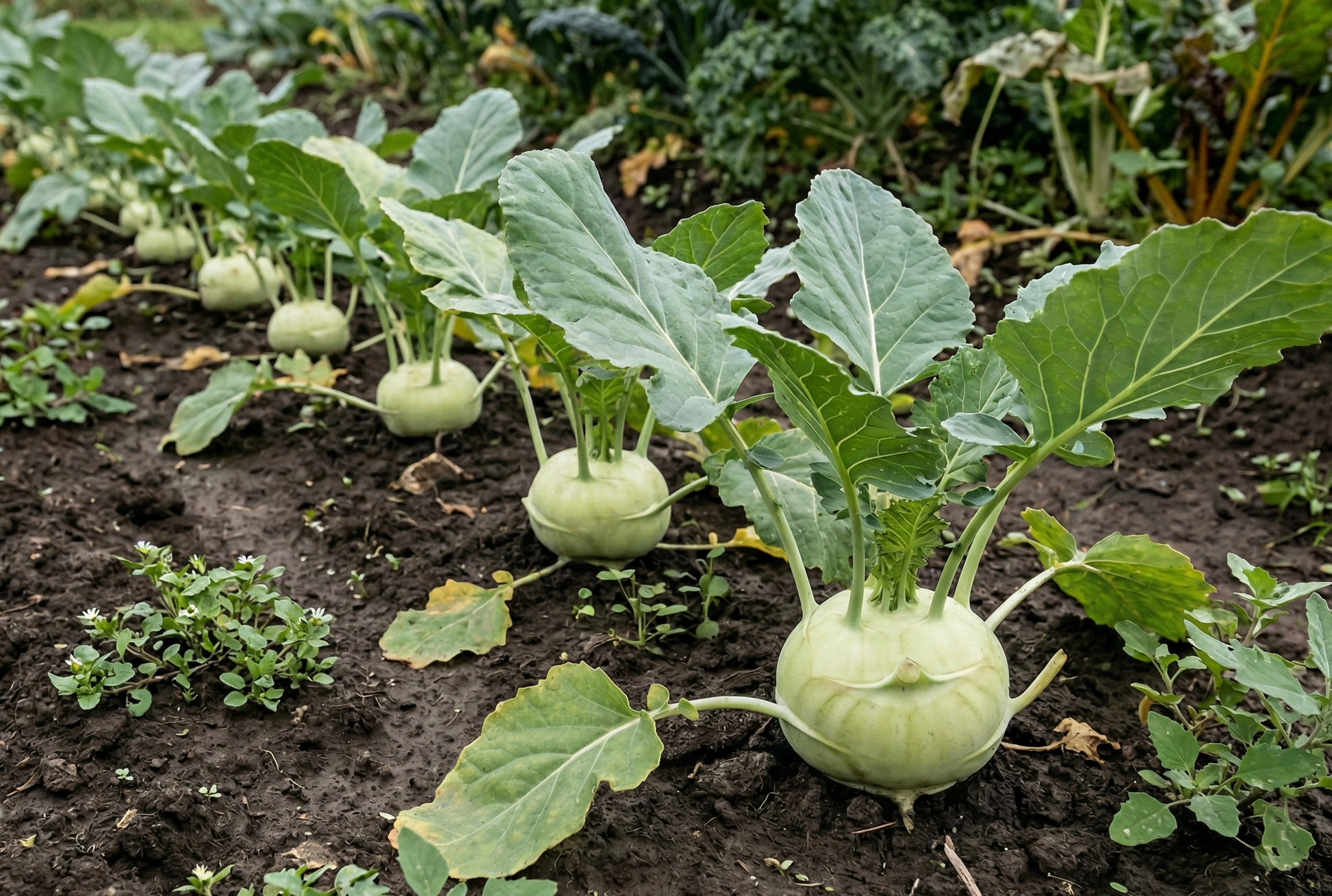Kohlrabi plants growing in a garden bed
