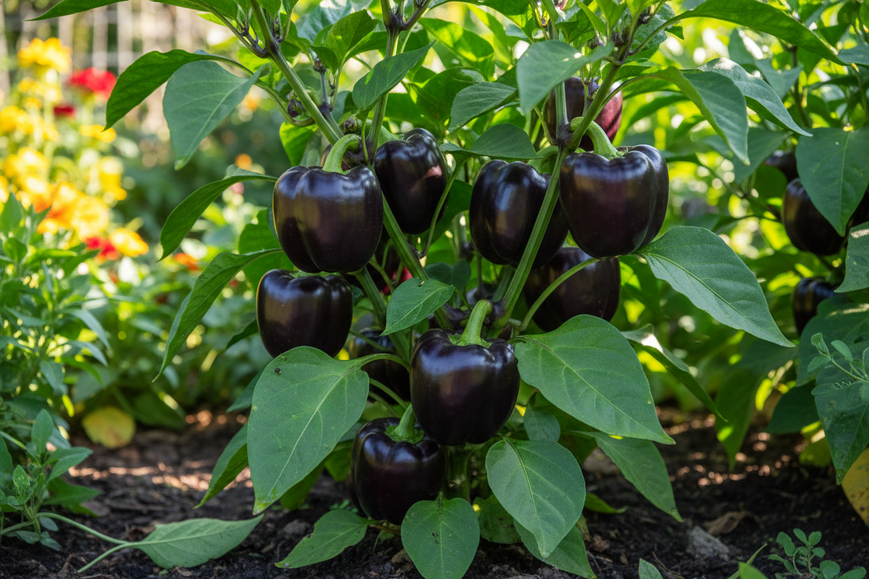 Purple Beauty Sweet Peppers on a plant in a garden