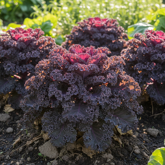 Purple leafy vegetables growing in a garden scarlet-kale-curled-growing-in-a-garden MatchesSeeds