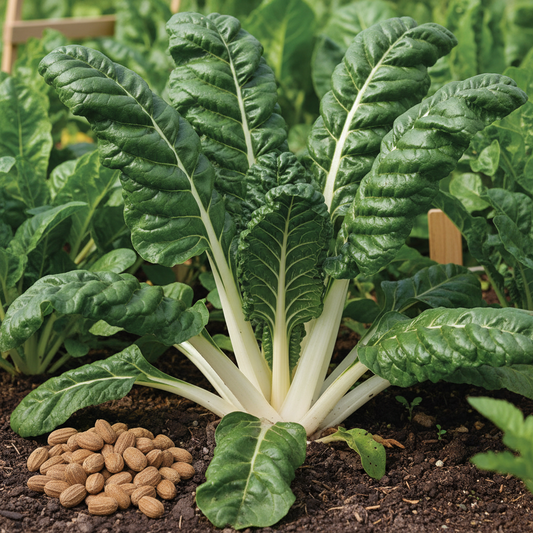 Fordhook Giant Swiss Chard with broad white stems and dark green leaves growing in a garden