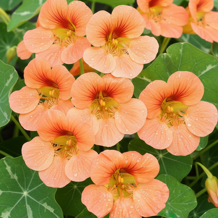 TipTop Alaska Salmon nasturtium plant with variegated leaves and salmon-pink flowers