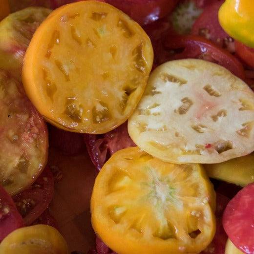 Yellow Brandywine Heirloom Tomato slices showcasing golden-yellow color and beefsteak texture.